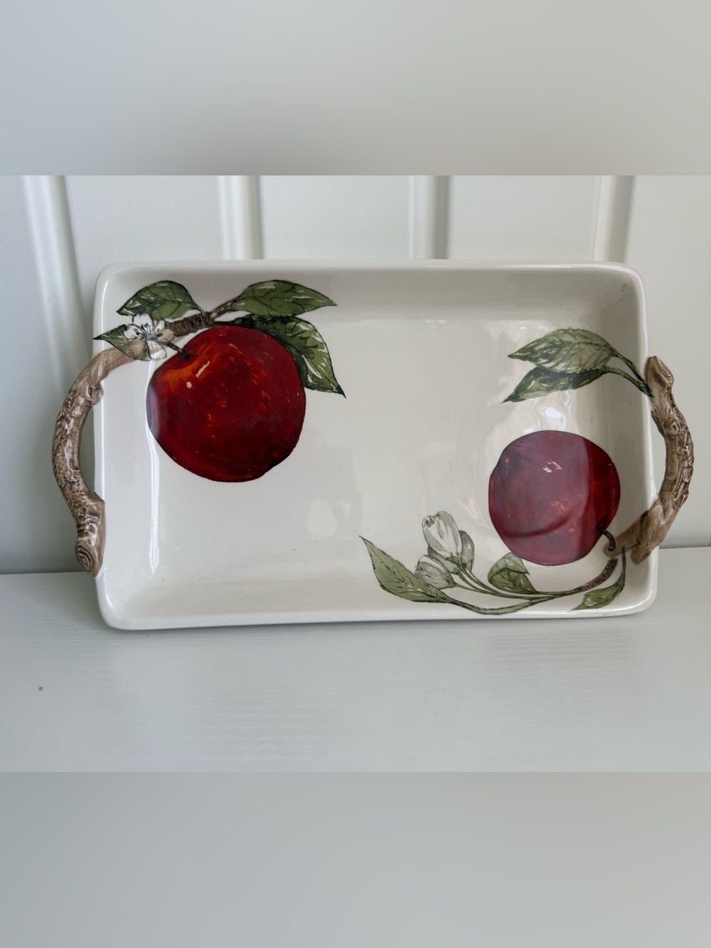 GANZ Ceramic Apple Platter Rustic Twig Branch Handles Country Kitchen Decor